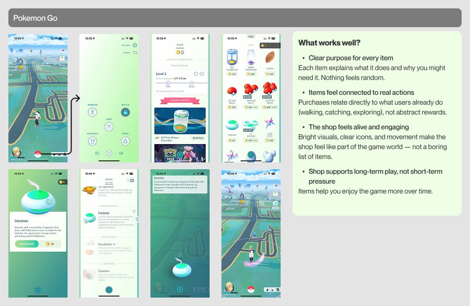 Pokemon Go reward shop interface with pokeballs, incense, lucky eggs, and raid passes organized by utility and clear pricing