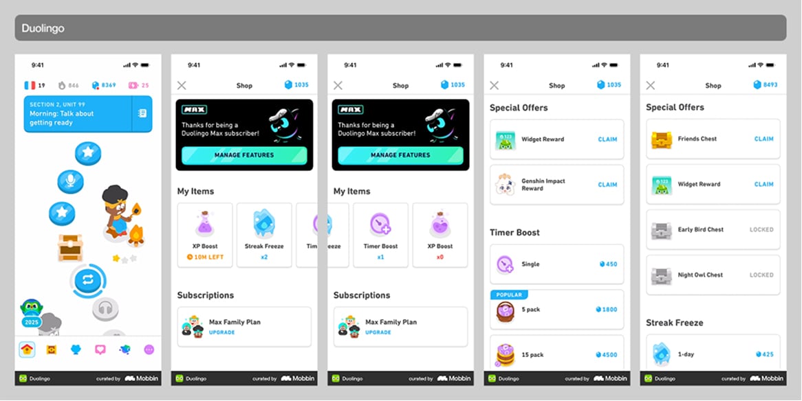 Duolingo minimal shop interface with streak freeze power-up, bonus hearts, and Duo owl mascot customization items