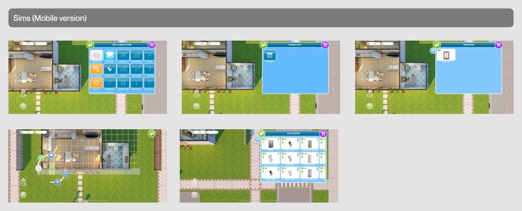 Sims Mobile shop interface with furniture categories, room-based organization, and free placement grid for home customization