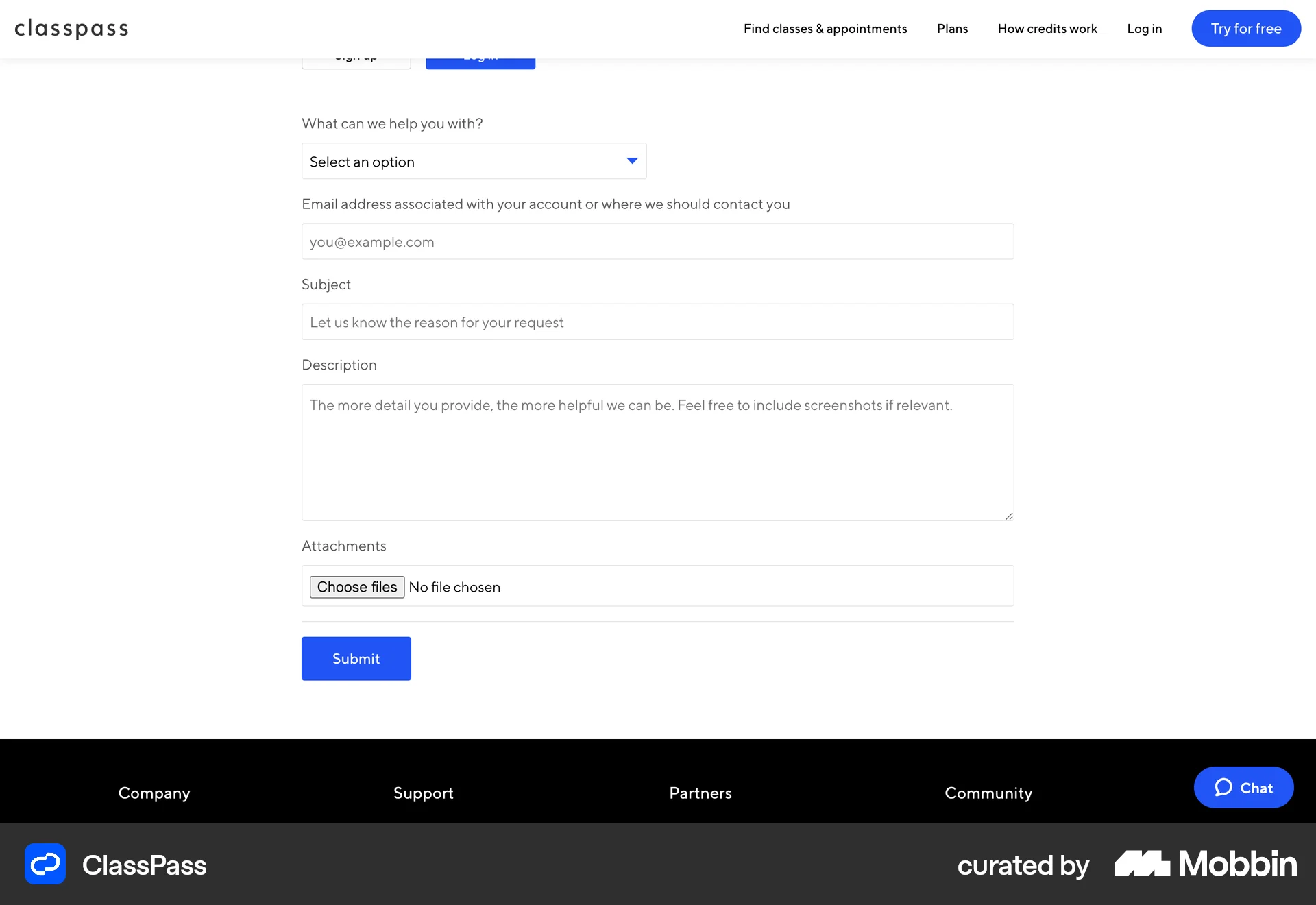 ClassPass support form: an Attachments row showing the browser's default Choose files control and the text No file chosen, with no formats, size limit or guidance