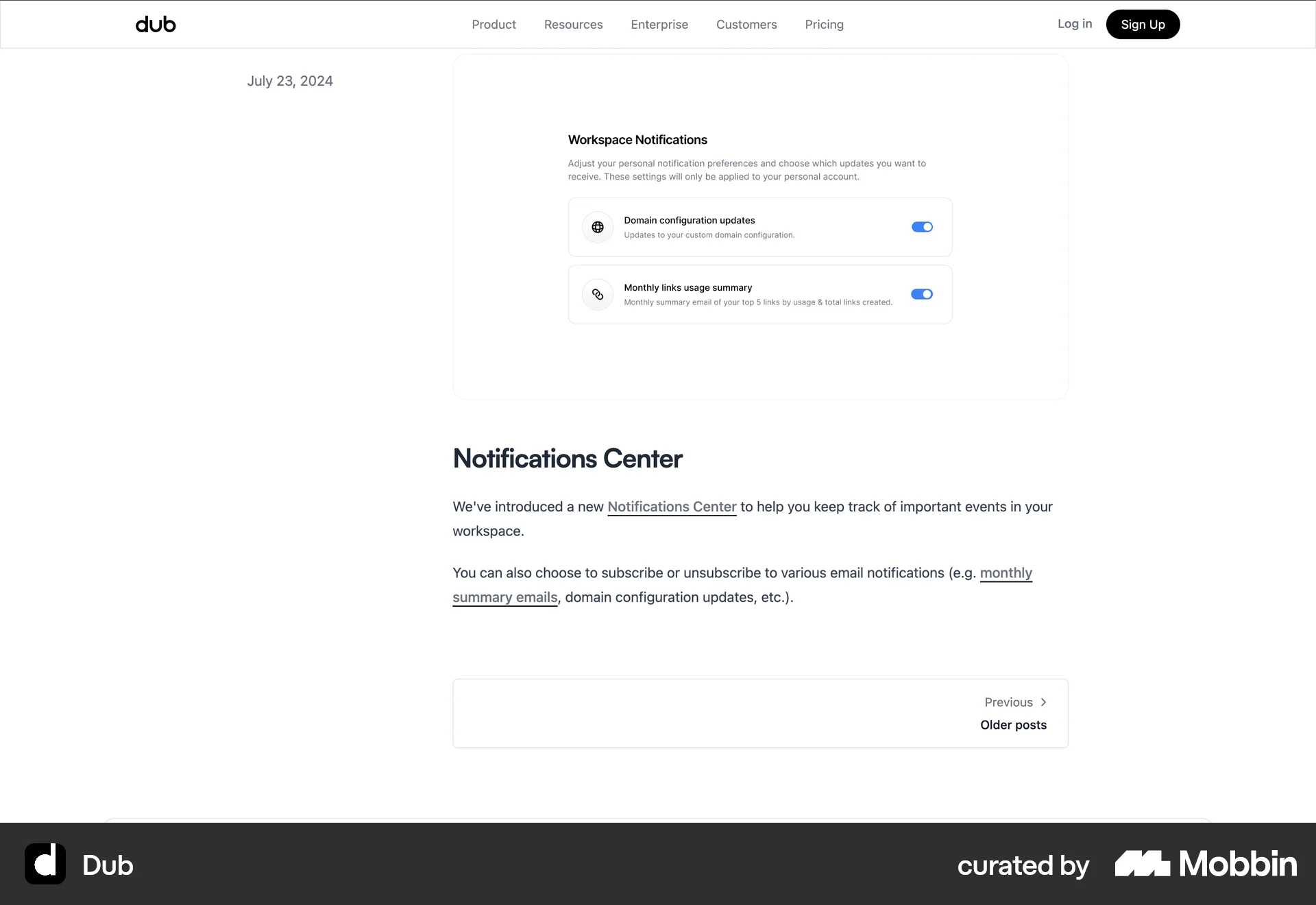 Dub's Workspace Notifications settings: two rows, Domain configuration updates and Monthly links usage summary, each with a toggle switched on and no save button anywhere on the panel