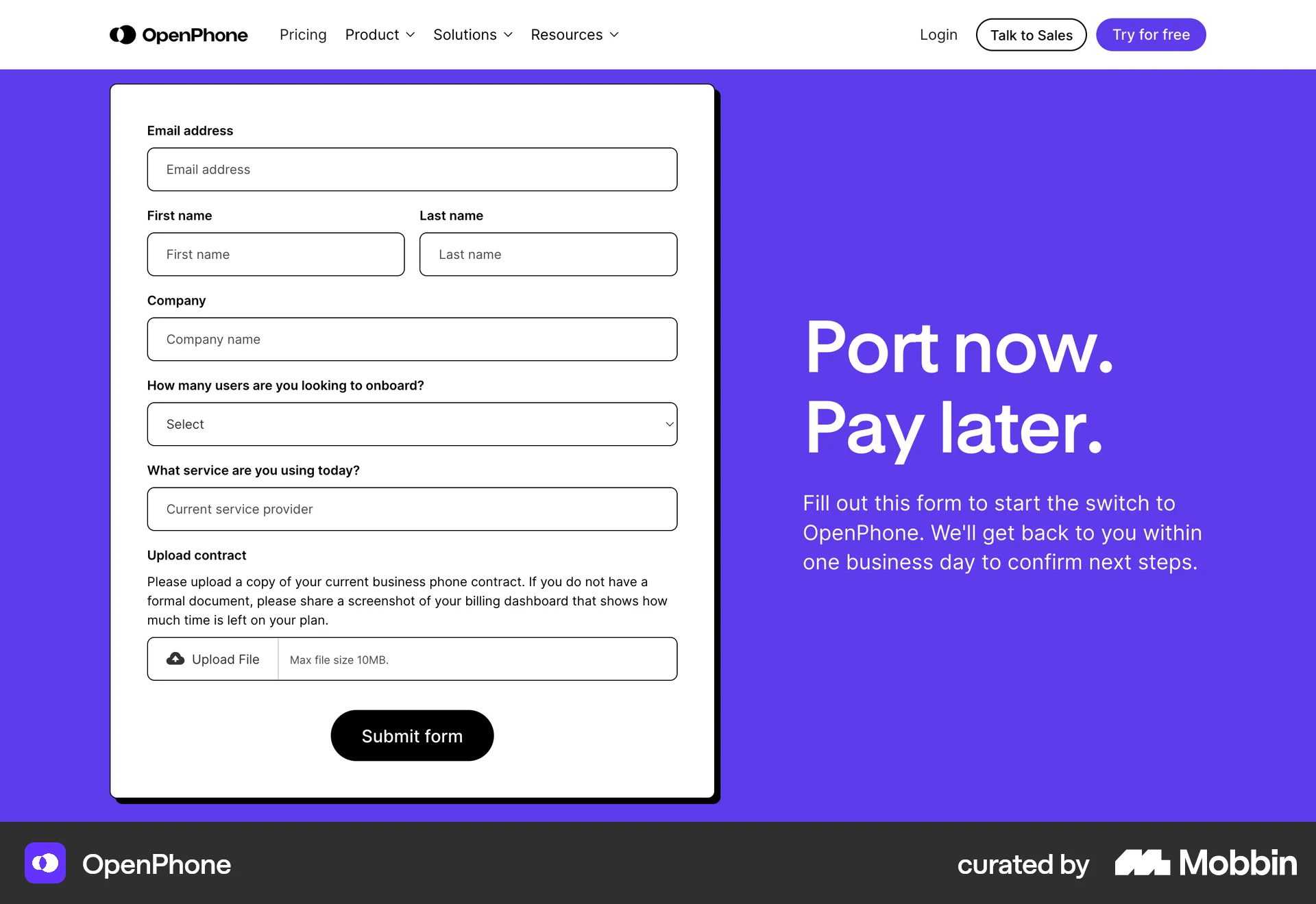 OpenPhone's porting form: an Upload contract field explaining what document to attach, with an Upload File button labelled Max file size 10MB beside it