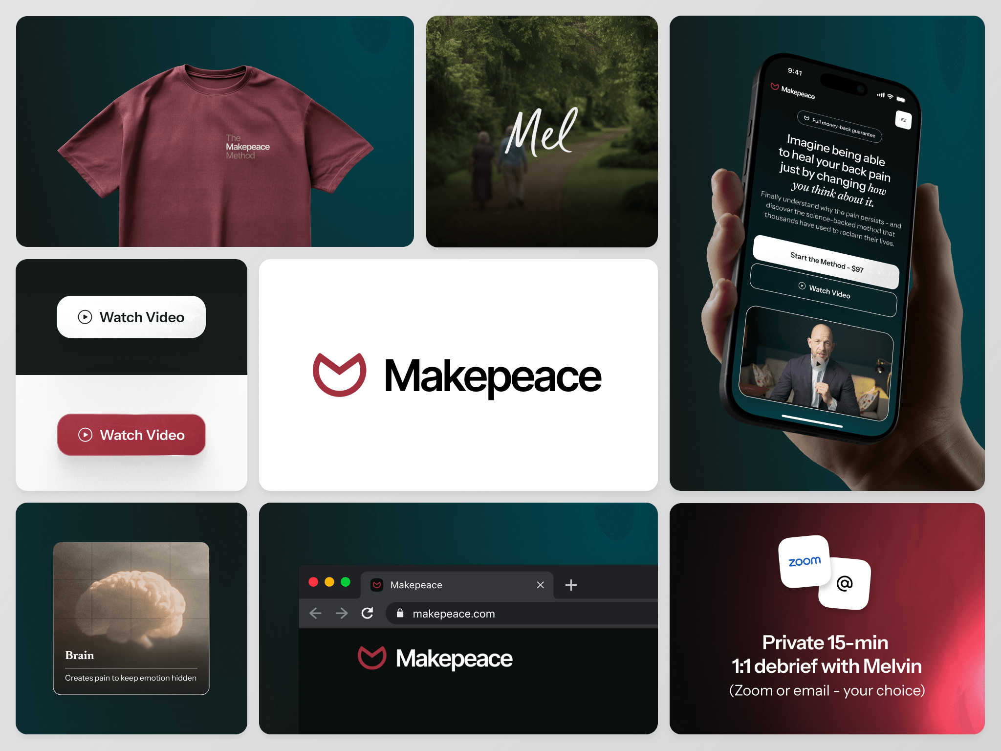 Makepeace brand and website system — logo, card, app, browser, and merch across the full experience