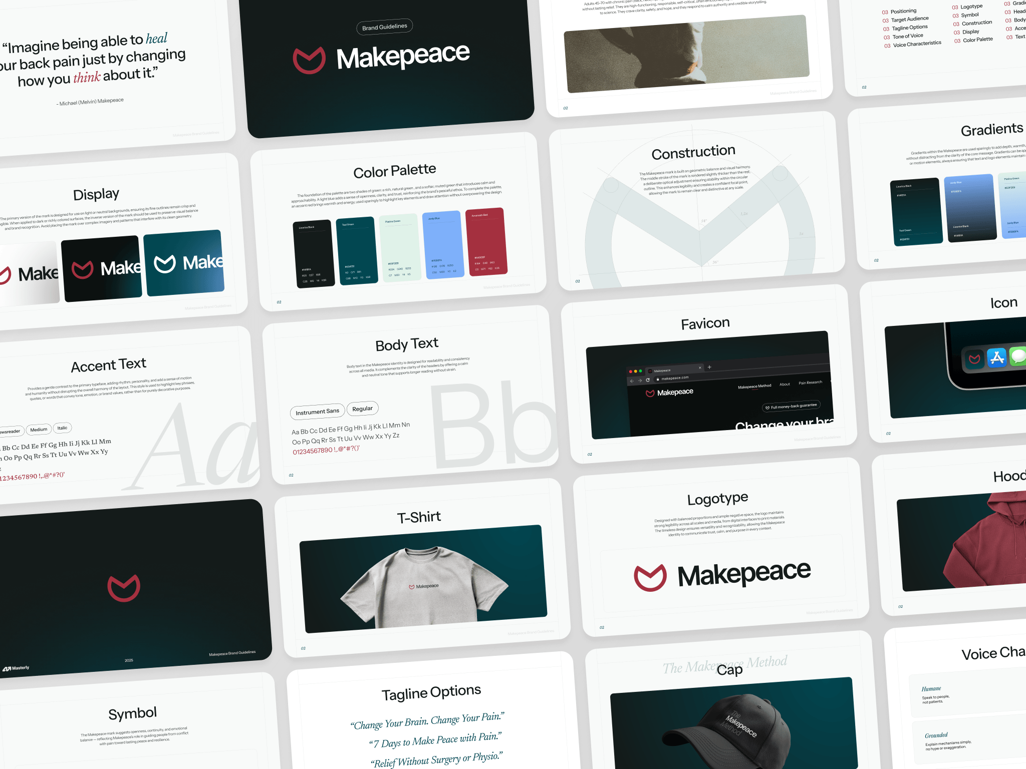 Makepeace brand guidelines — logo construction, color palette, and typography