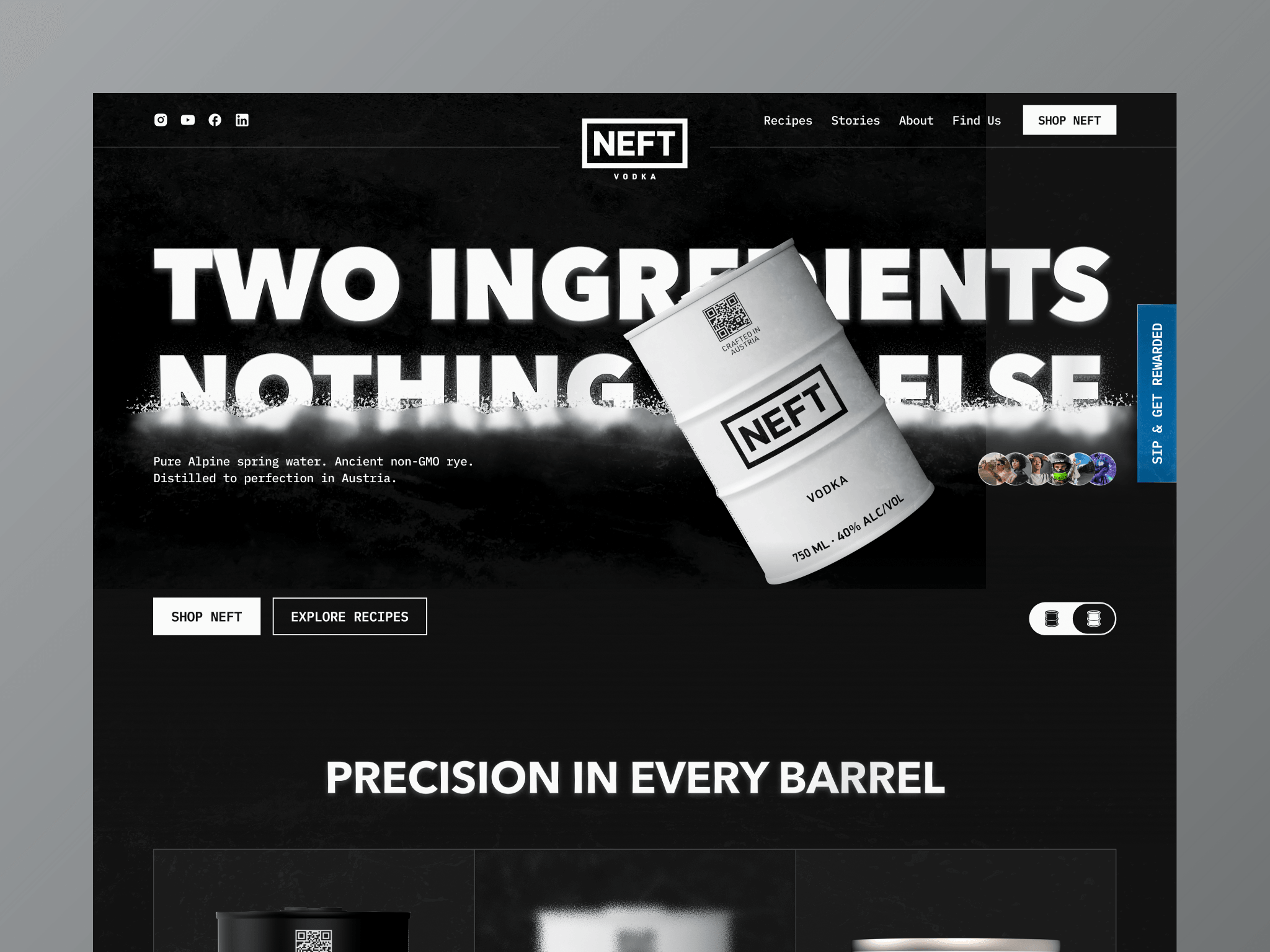 NEFT Vodka website landing page — "Two ingredients, nothing else"