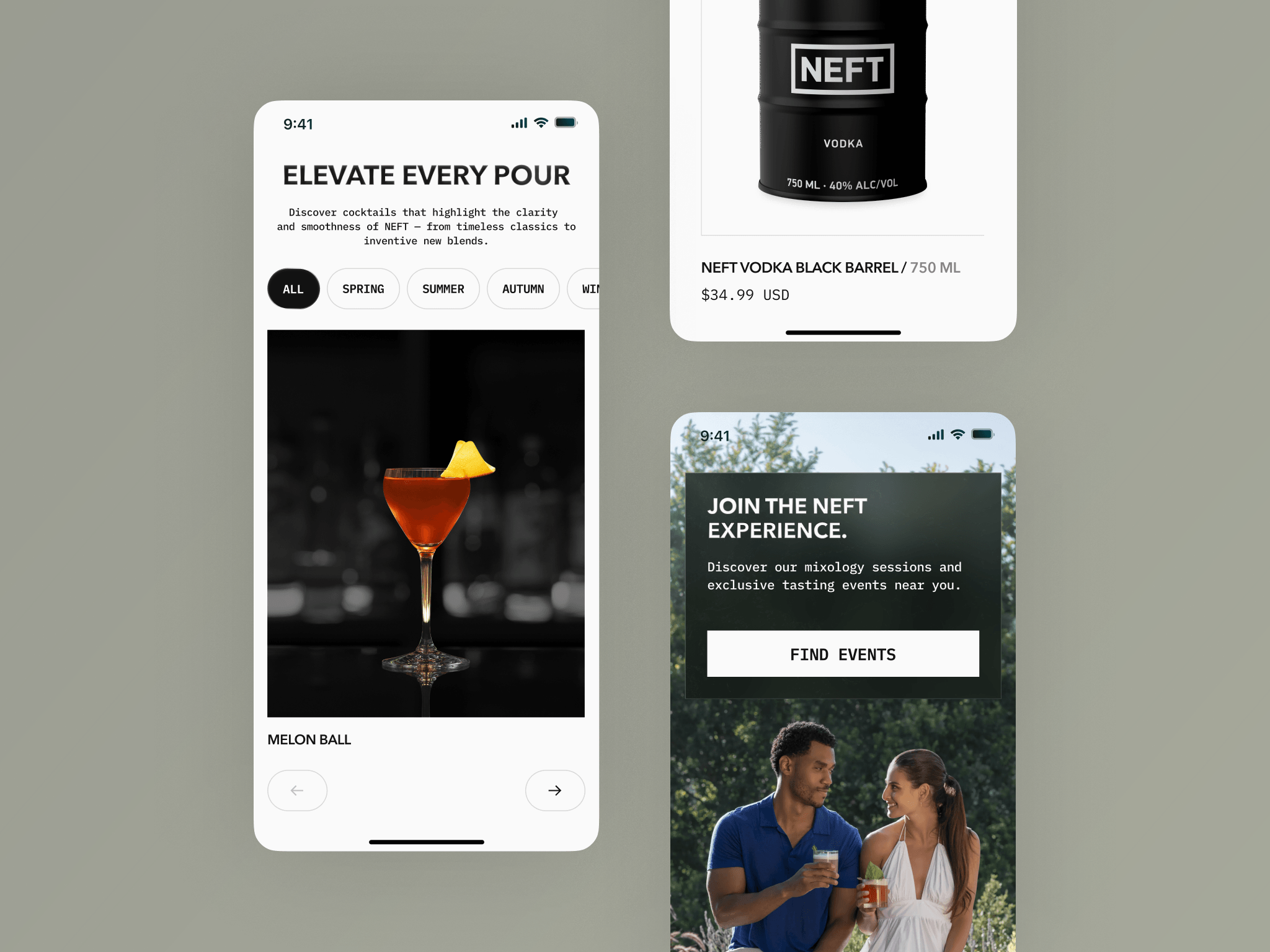 NEFT Vodka mobile — recipes, product, and events