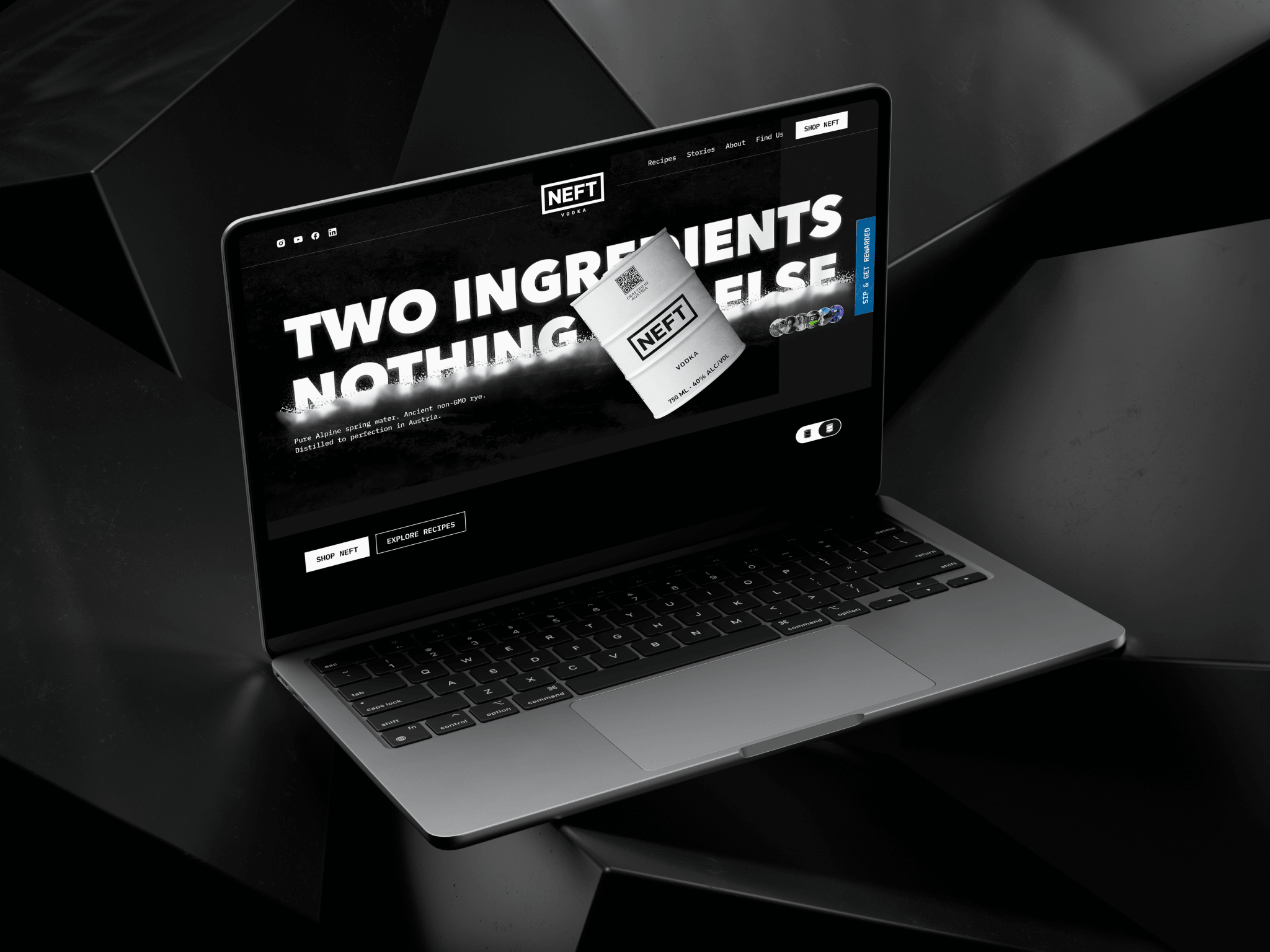 NEFT Vodka homepage delivered in Framer — "Two ingredients, nothing else"