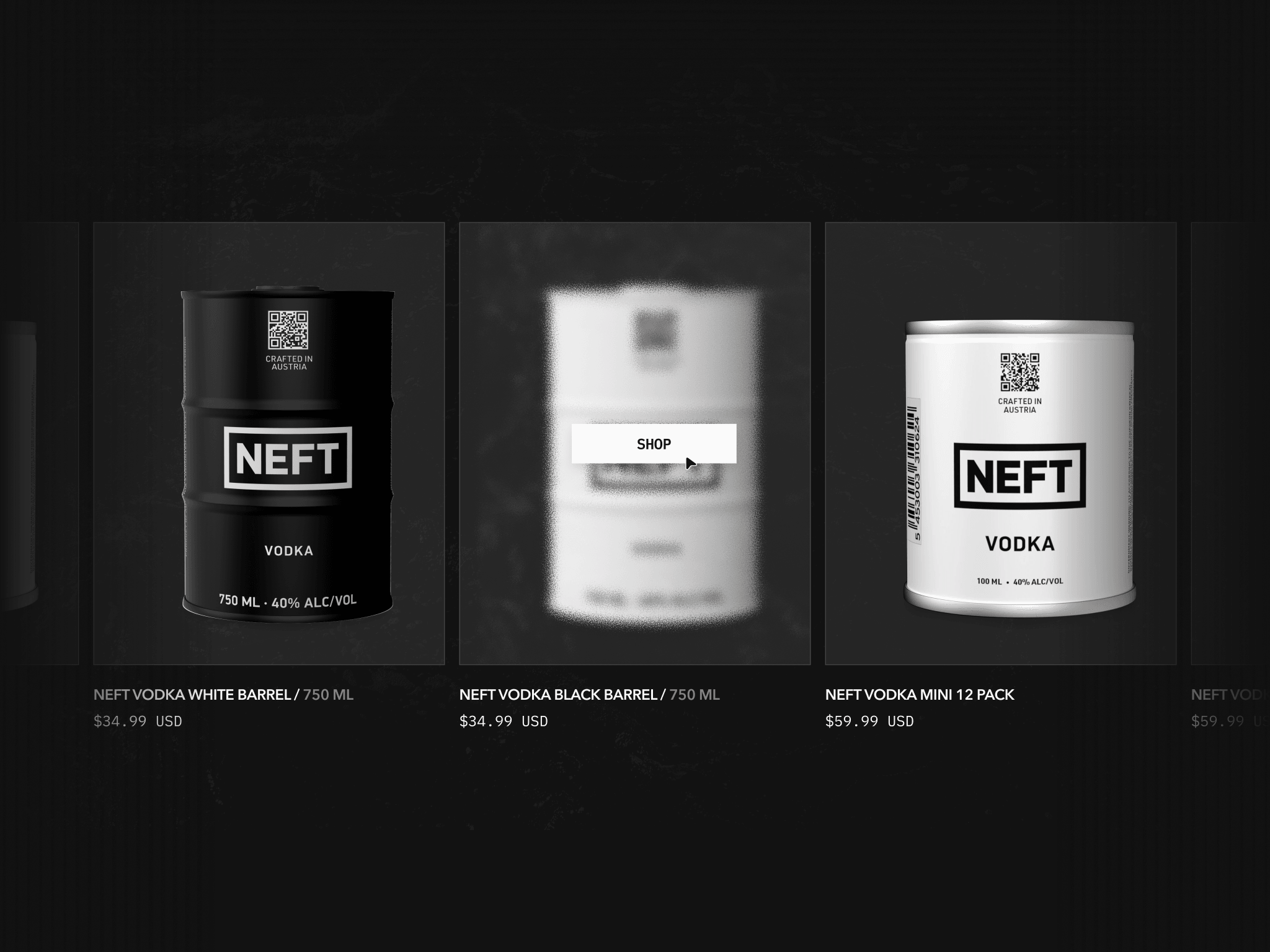NEFT Vodka product range — White Barrel, Black Barrel, and Mini pack