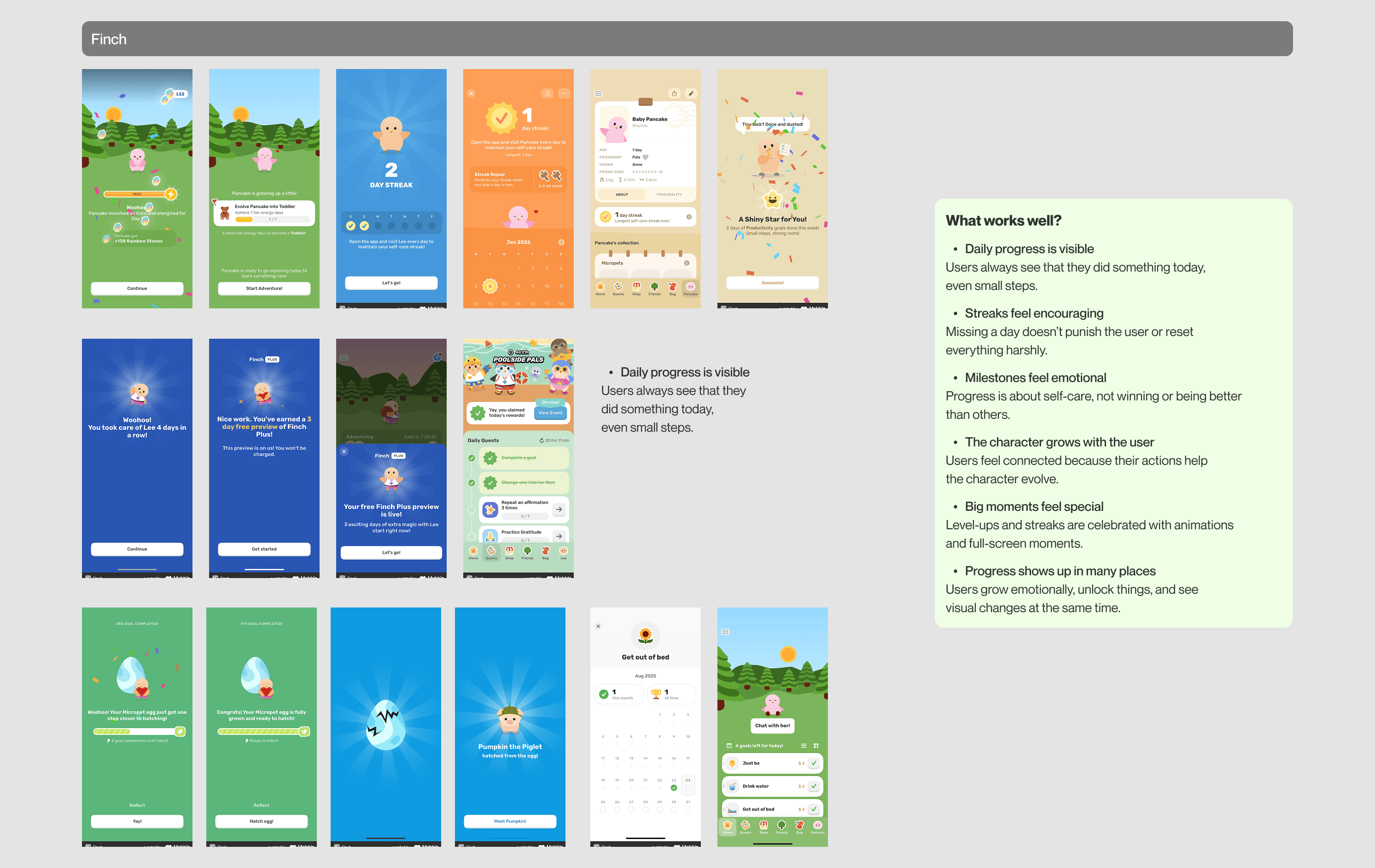Finch self-care app milestone celebration screen with bird companion character evolution animation, Day 7 achievement badge, and supportive message display