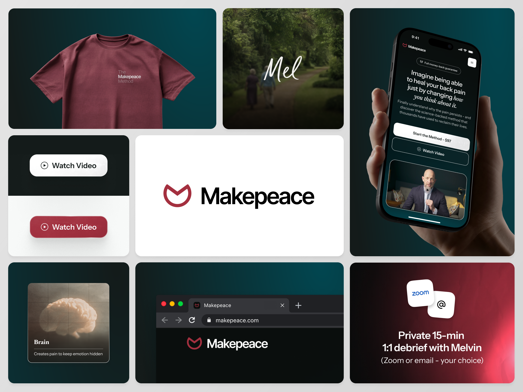 Makepeace brand and website system — logo, card, app, browser, and merch across the full experience