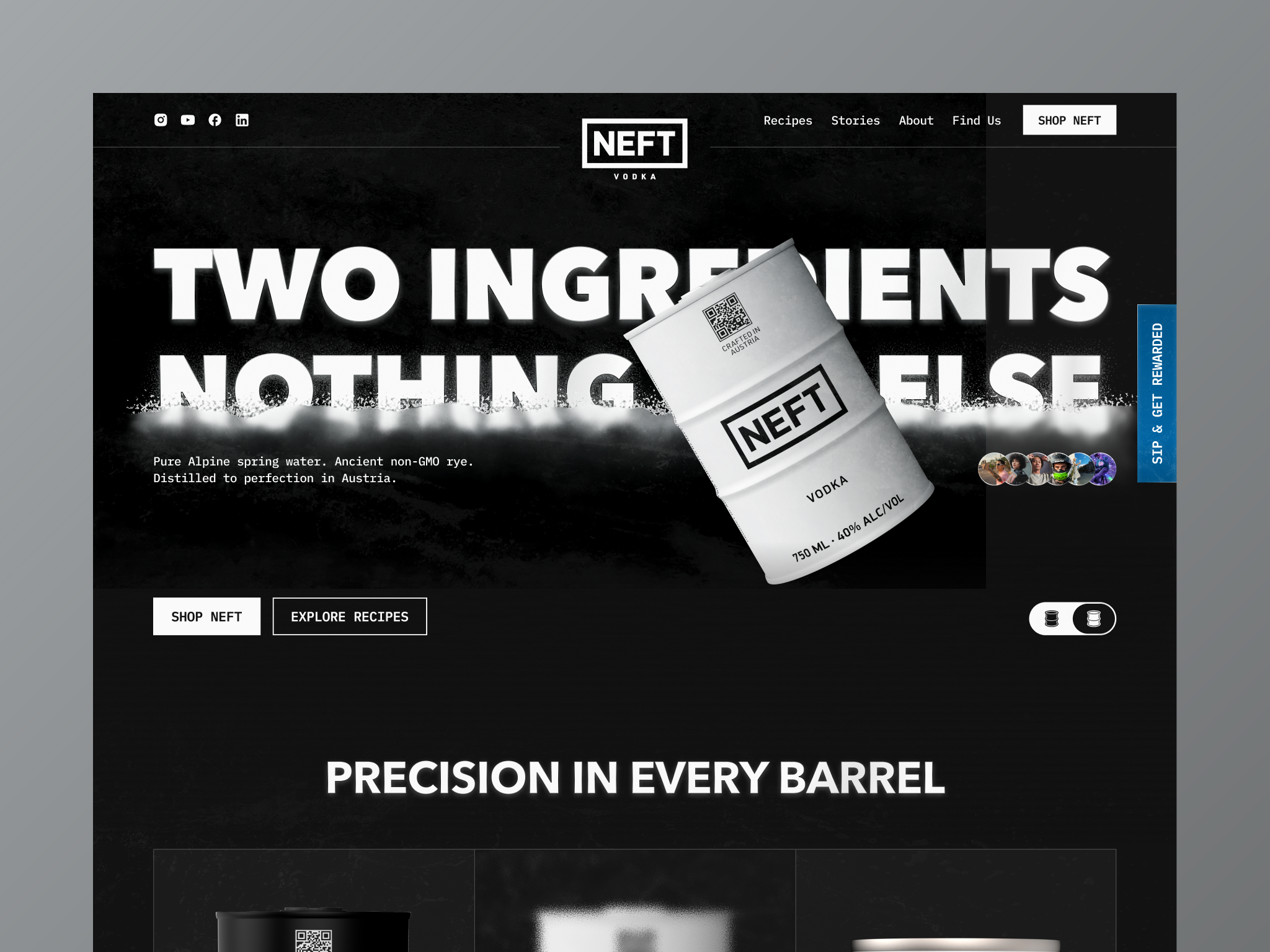 NEFT Vodka website landing page — "Two ingredients, nothing else"