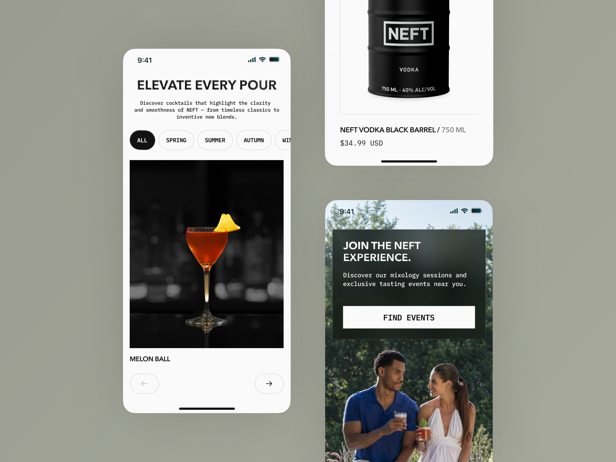 NEFT Vodka mobile — recipes, product, and events