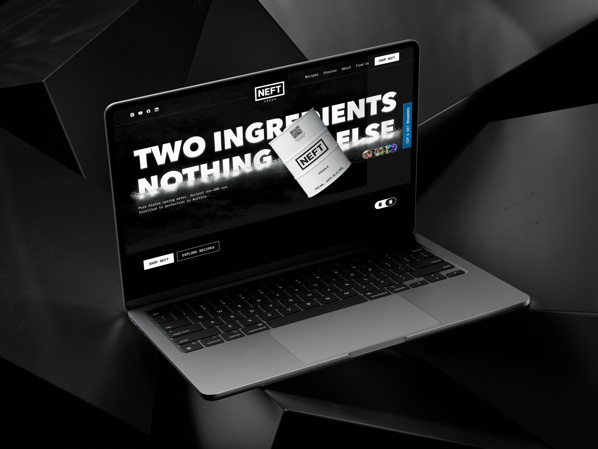 NEFT Vodka homepage delivered in Framer — "Two ingredients, nothing else"