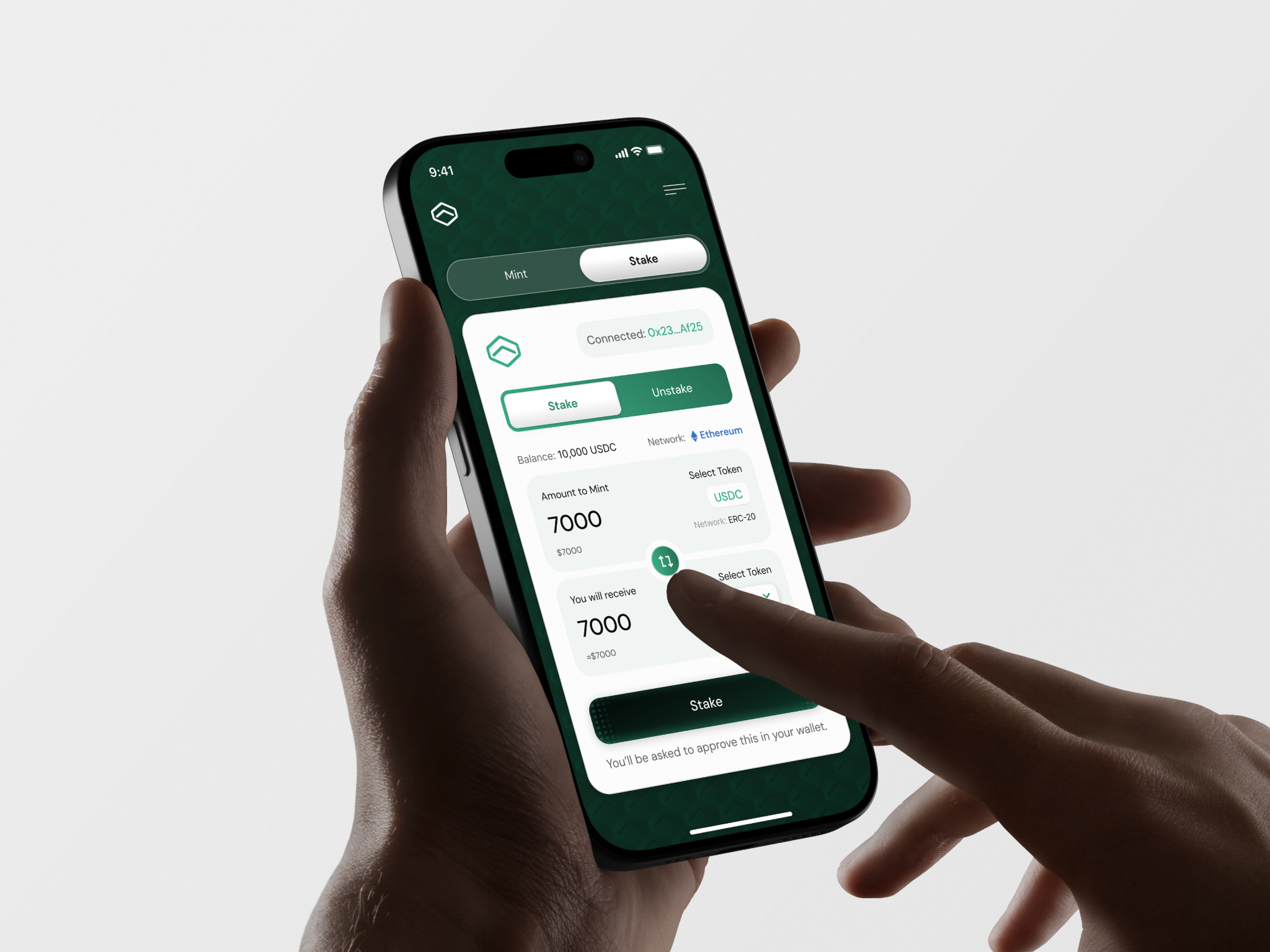 USDV mint and stake flow on mobile