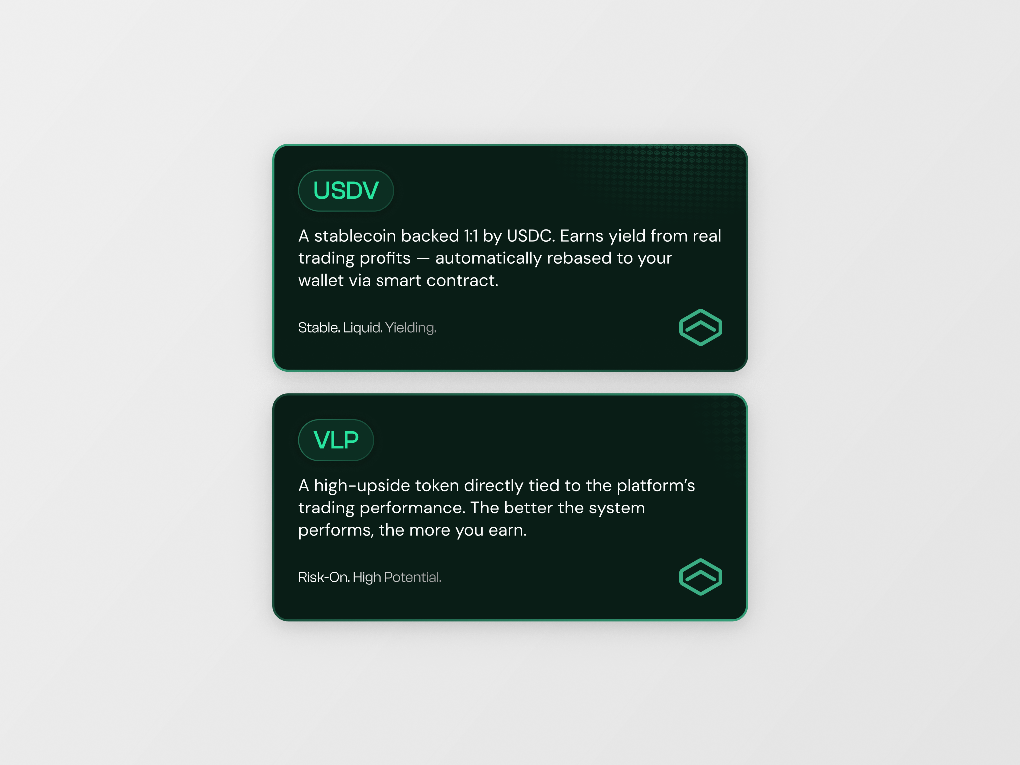 USDV and VLP token cards — a stablecoin backed 1:1 by USDC and its yield token