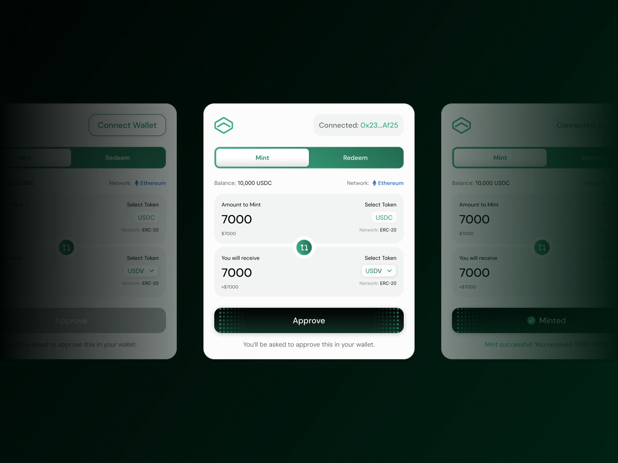 USDV swap widget with default and advanced modes for beginners and power users