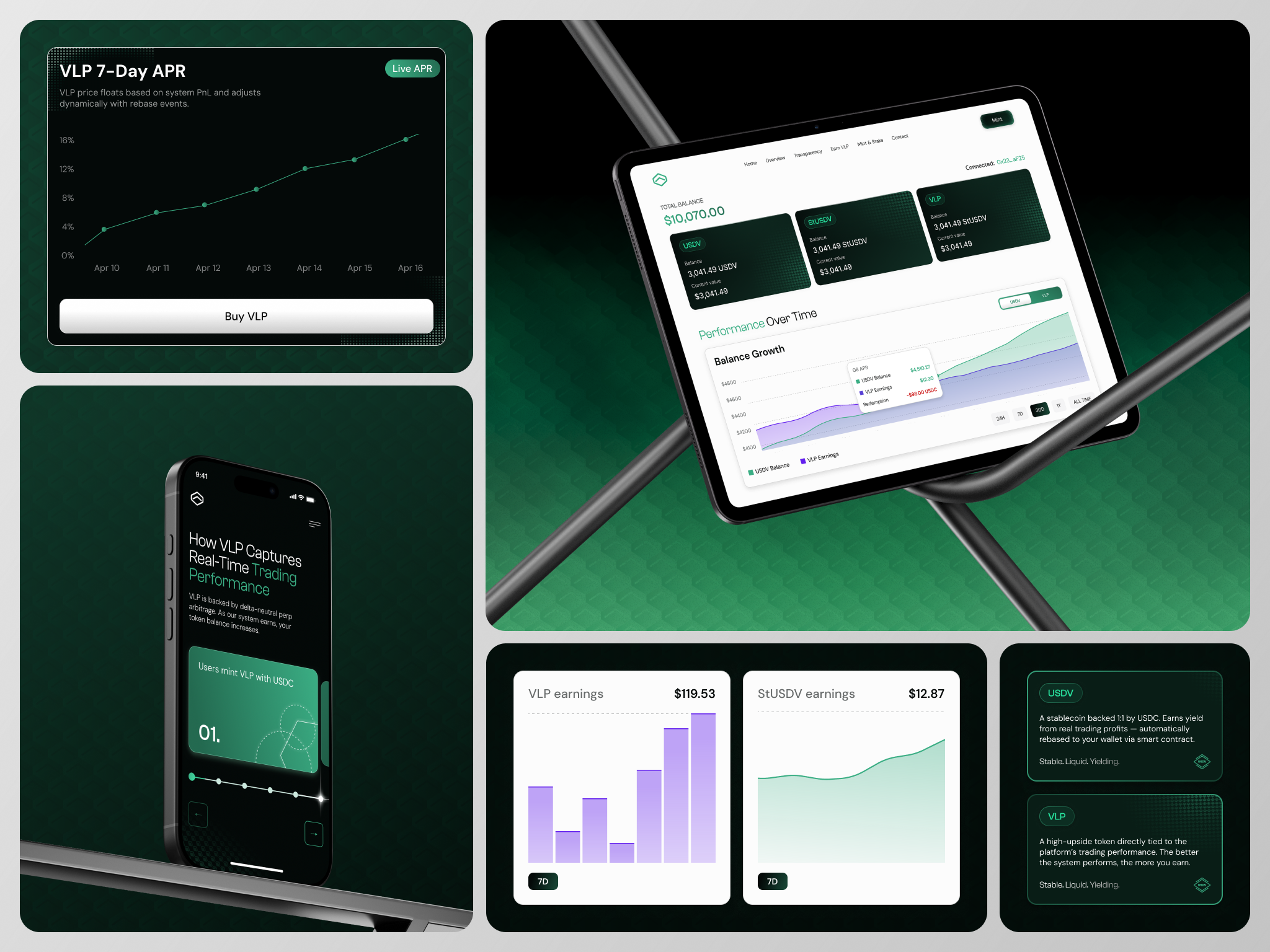 USDV visual language — dark surfaces with an emerald accent