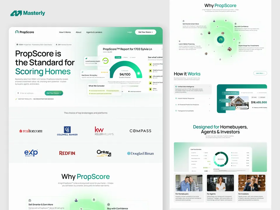 PropScore marketing site — value proposition, trust logos and how-it-works sections
