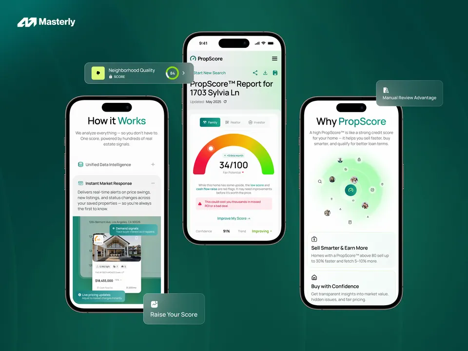 PropScore mobile screens — how it works, scoring gauge and property insight
