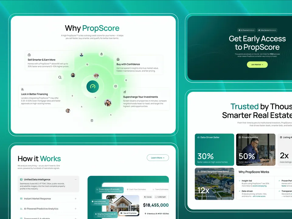 PropScore website sections — 'Why PropScore' benefits and trust metrics