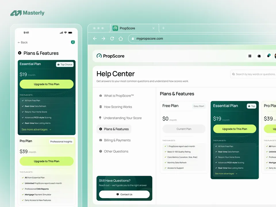 PropScore help centre and plans — pricing and support UI