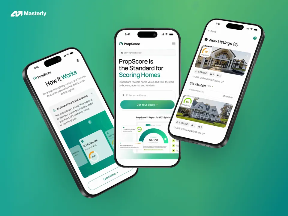 PropScore mobile — how it works, listings feed and scoring screens