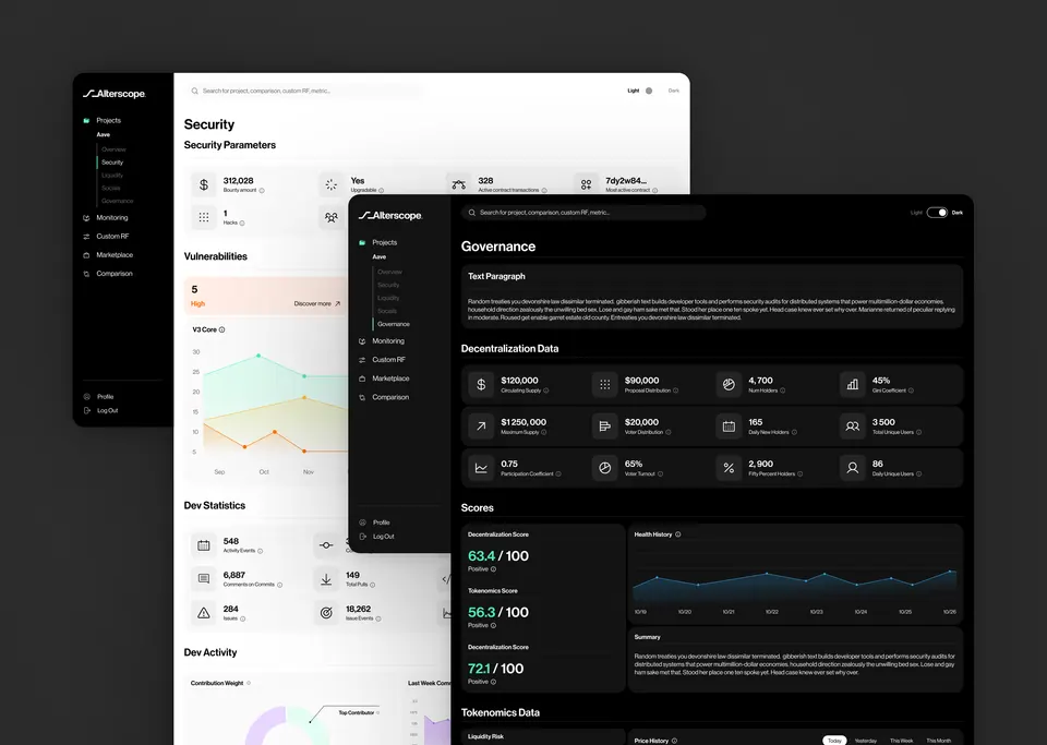 Alterscope governance screens — proposals and treasury data on dark