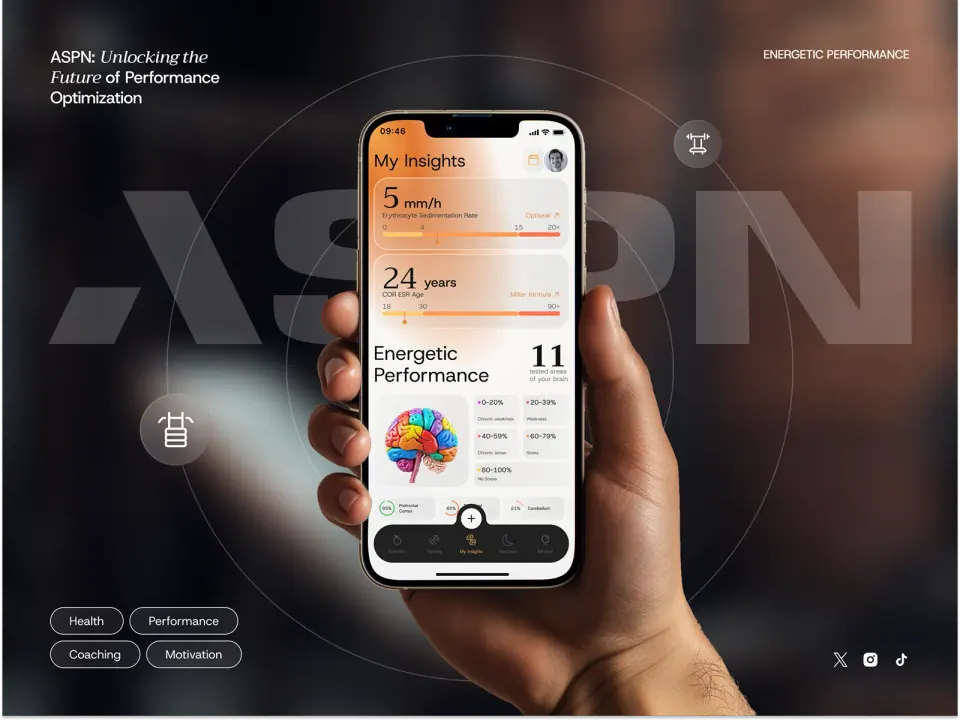 ASPN Labs brand poster — performance optimisation positioning with app screen