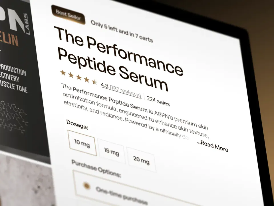 ASPN Labs product page — Performance Peptide Serum with reviews and dosage