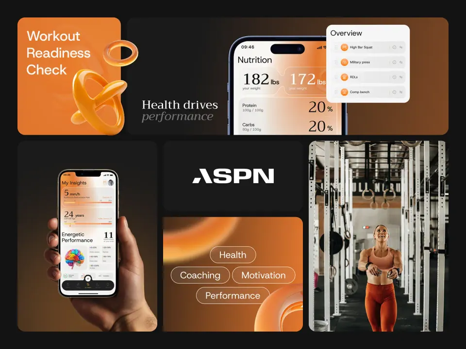 ASPN Labs brand board — workout readiness, nutrition metrics and lifestyle imagery