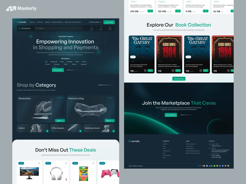 Correkt crypto marketplace website — dark storefront and category pages
