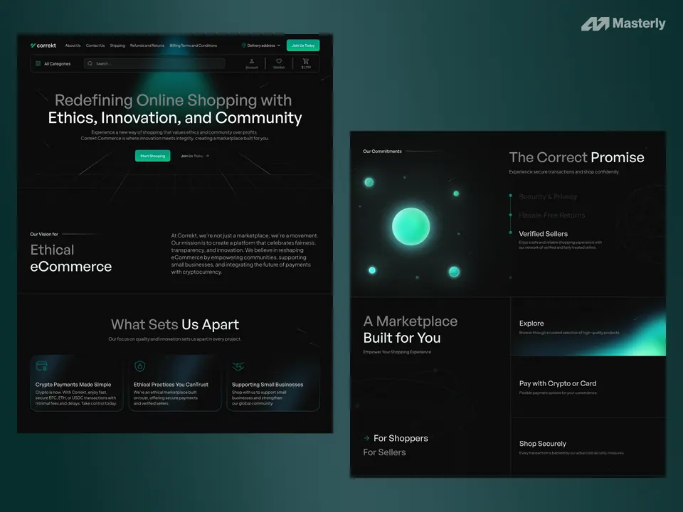 Correkt website sections — ethical eCommerce positioning and marketplace promise
