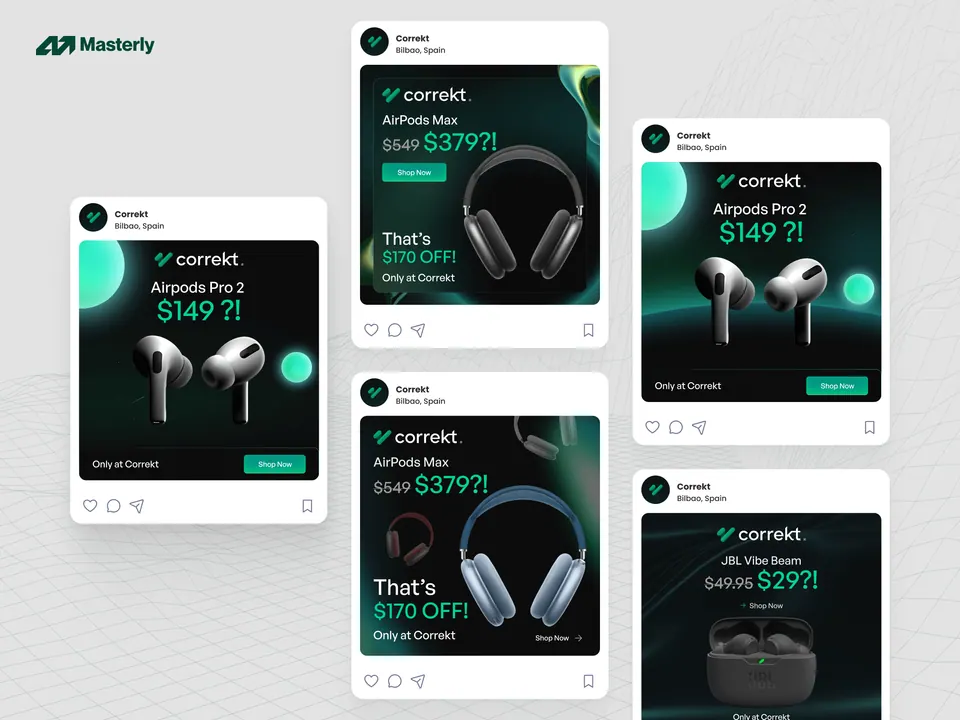 Correkt ad creative set — AirPods and JBL price cards for paid social