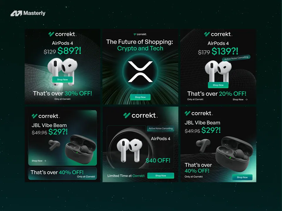 Correkt paid social grid — dark green deal creatives for audio products