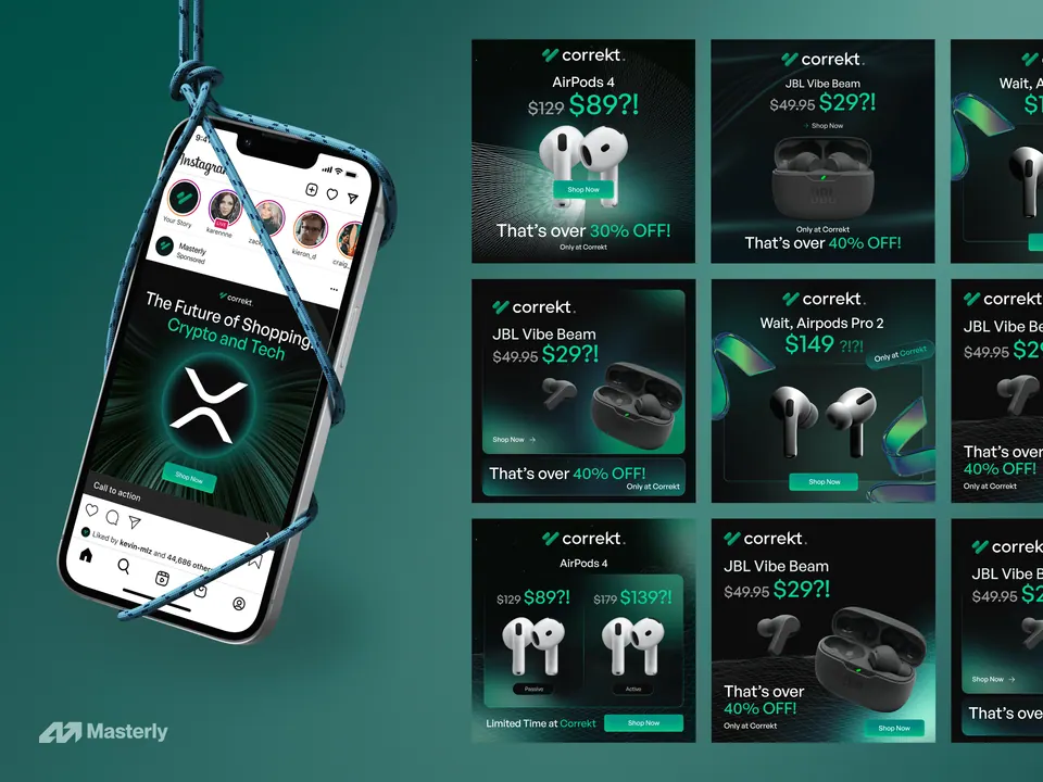 Correkt campaign creatives — phone mockup with paid social deal cards