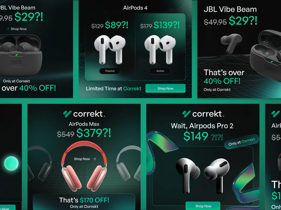 Correkt discount creatives — headphone and earbud deal cards