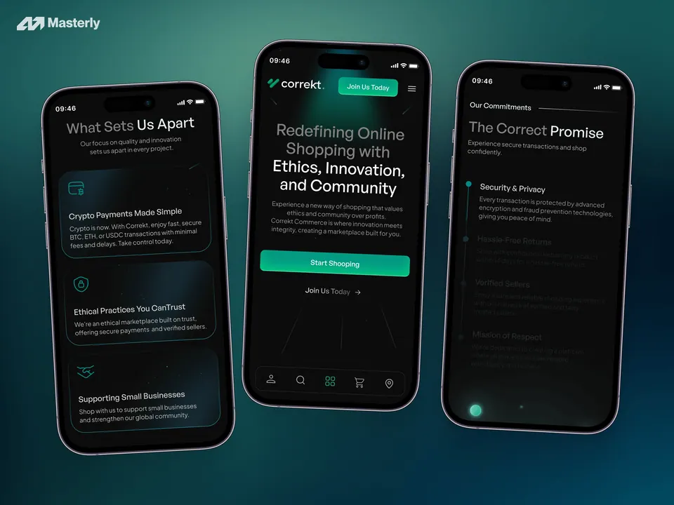 Correkt mobile site — ethics, community and privacy sections on dark