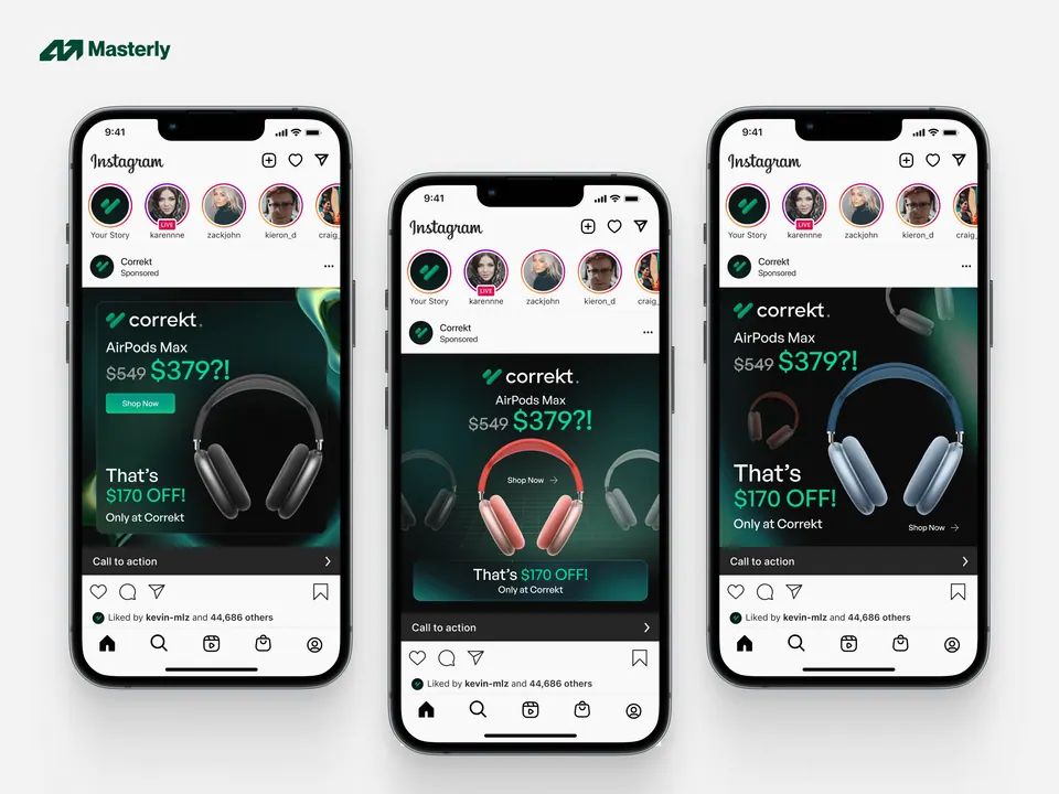 Correkt social ad creatives — headphone deals styled as native Instagram posts
