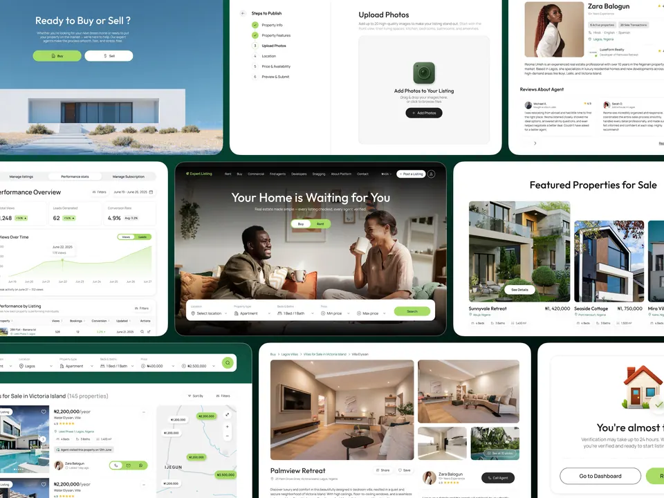Expert Listing UI screens — buyer search, listing detail and agent tools