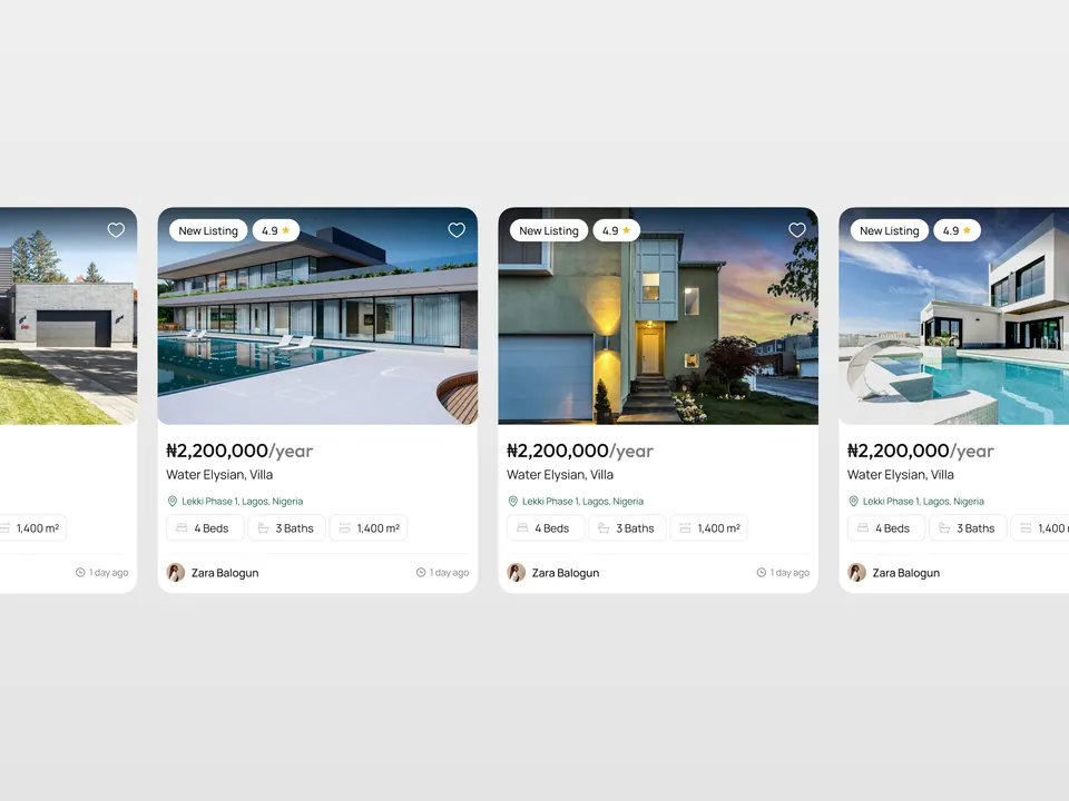 Expert Listing property cards — new listing badges, ratings and agent names