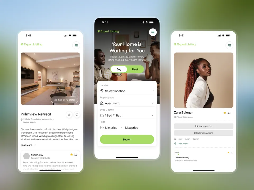 Expert Listing mobile — property detail, search and agent profile screens