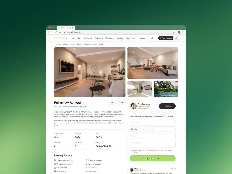 Expert Listing property detail — Palmview Retreat listing in browser