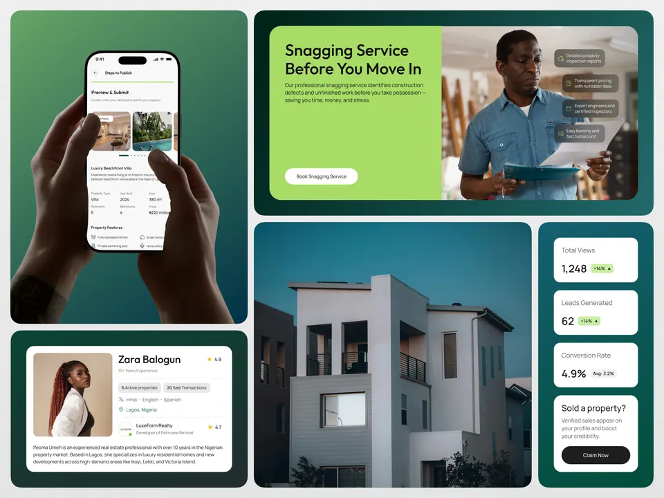 Expert Listing collage — snagging service, dashboard and agent profile