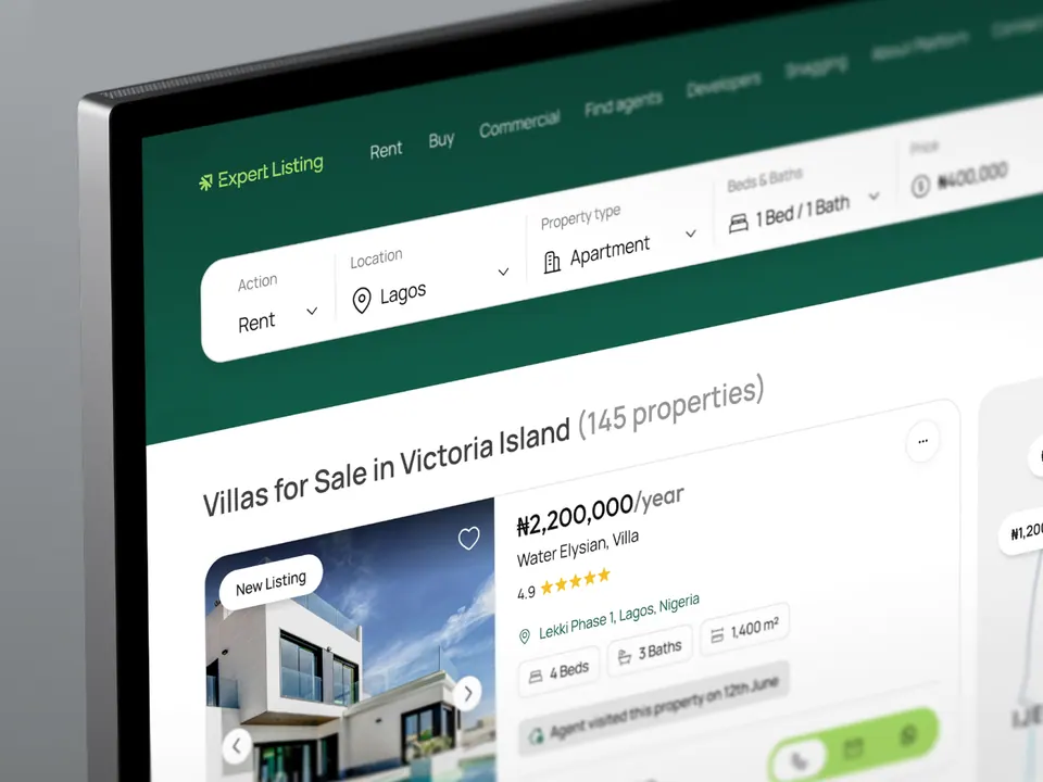 Expert Listing marketplace search — property filters and listing results on desktop