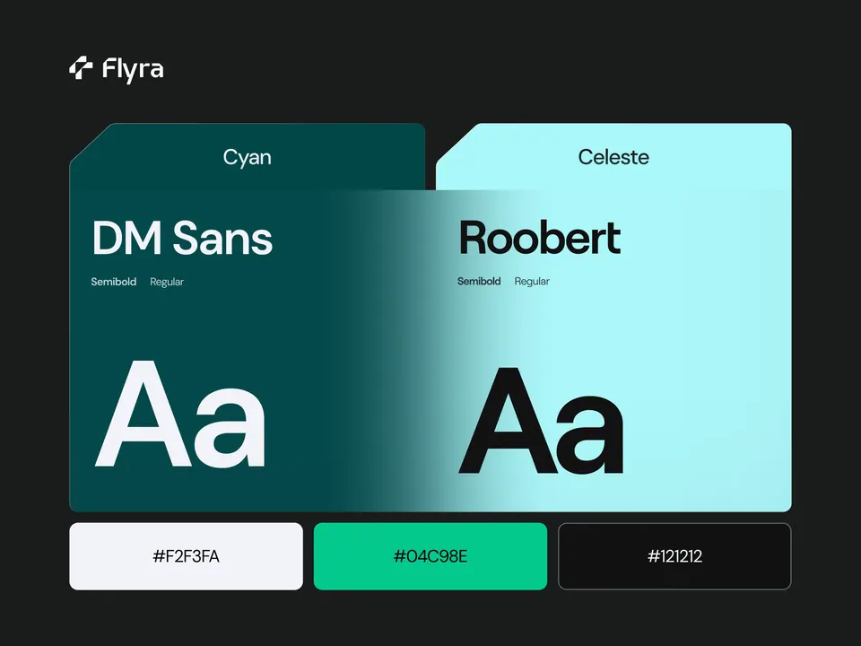 Flyra type and colour system — DM Sans and Roobert with brand hex values