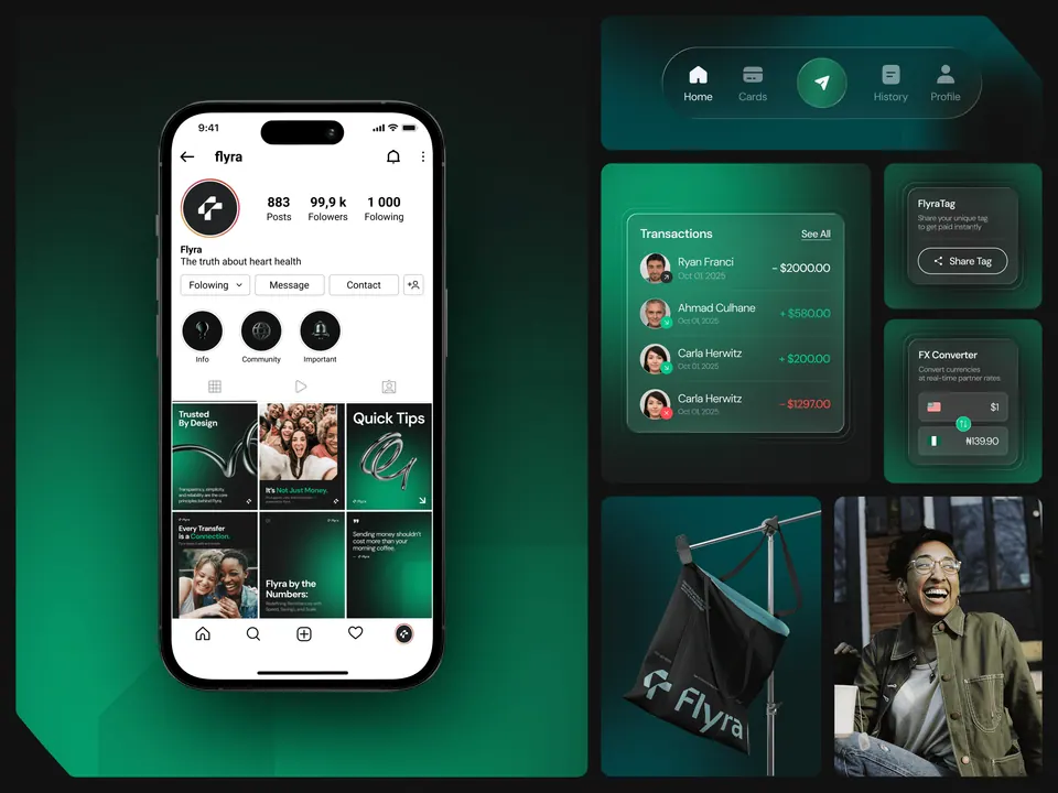 Flyra app screens — social payments feed and contact list on dark green