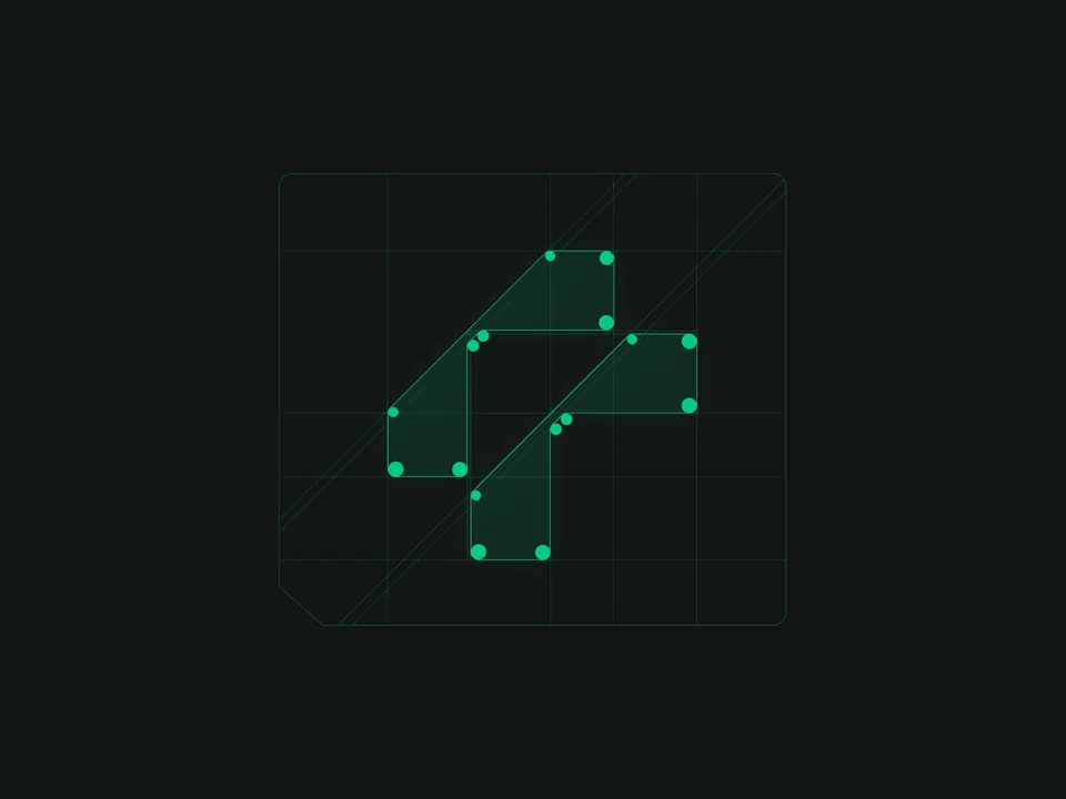 Flyra logo construction grid on a dark green field