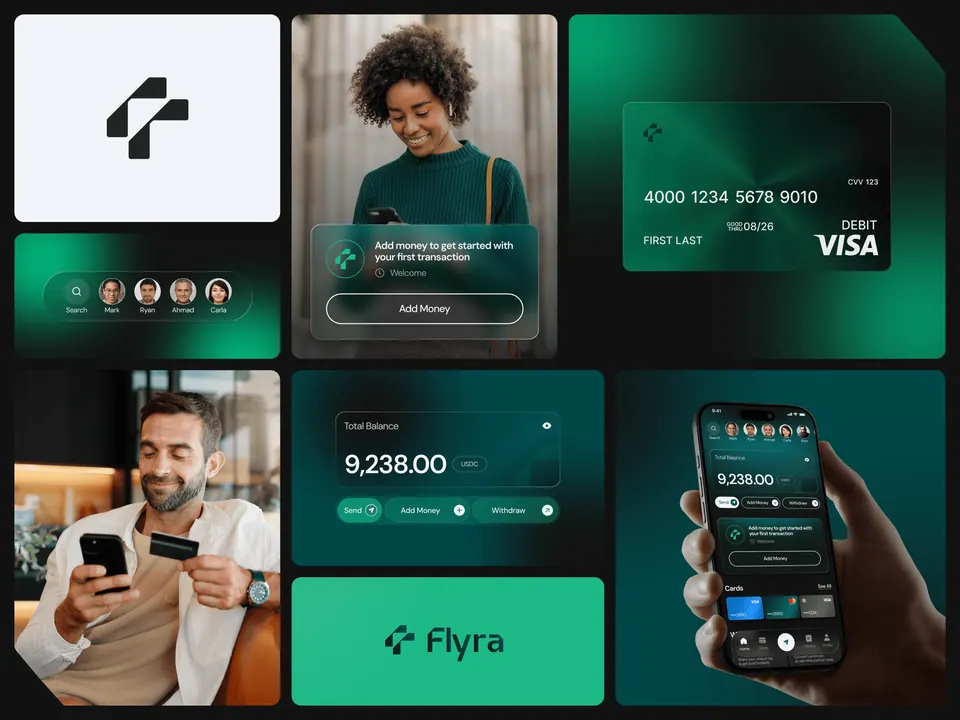 Flyra brand collage — card, app screens and customer photography