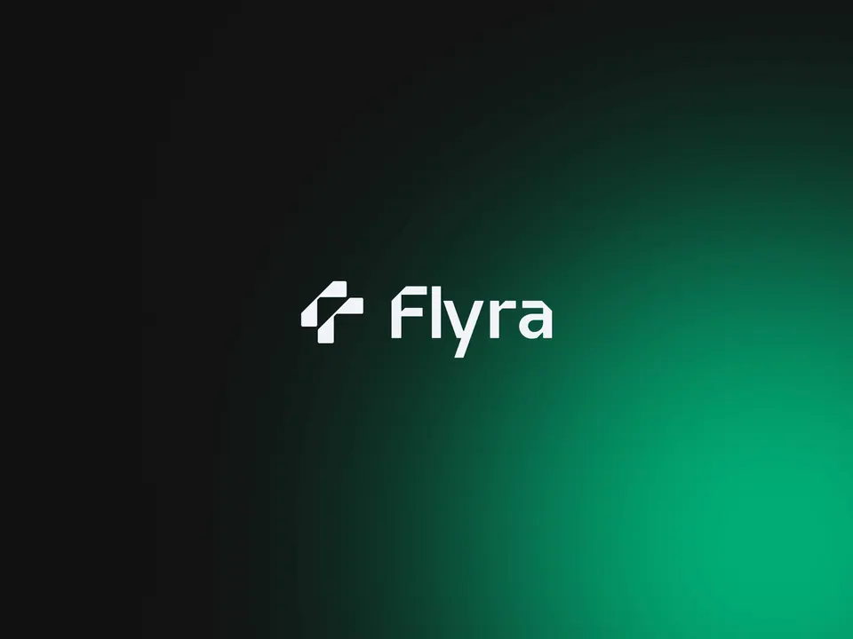 Flyra fintech logo lockup on a dark green brand field