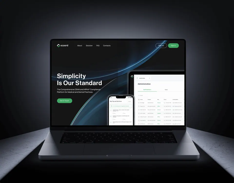 Ocoord website — compliance platform hero and product screens on a laptop